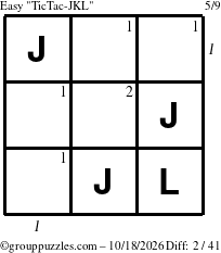 The grouppuzzles.com Easy TicTac-JKL puzzle for Sunday October 18, 2026 with all 2 steps marked