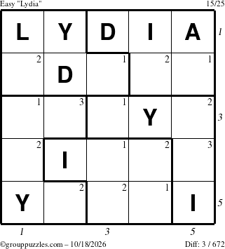 The grouppuzzles.com Easy Lydia puzzle for Sunday October 18, 2026 with all 3 steps marked