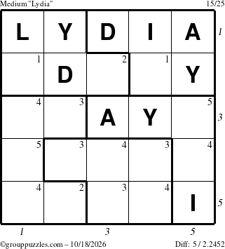 The grouppuzzles.com Medium Lydia puzzle for Sunday October 18, 2026, suitable for printing, with all 5 steps marked