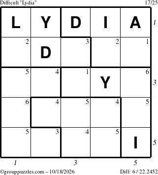 The grouppuzzles.com Difficult Lydia puzzle for Sunday October 18, 2026 with all 6 steps marked