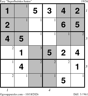 The grouppuzzles.com Easy SuperSudoku-Junior puzzle for Sunday October 18, 2026, suitable for printing, with all 3 steps marked