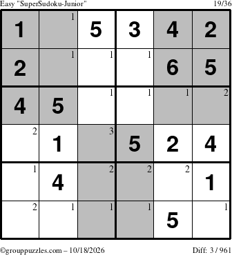 The grouppuzzles.com Easy SuperSudoku-Junior puzzle for Sunday October 18, 2026 with the first 3 steps marked