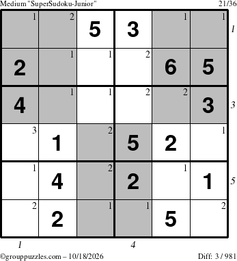 The grouppuzzles.com Medium SuperSudoku-Junior puzzle for Sunday October 18, 2026 with all 3 steps marked