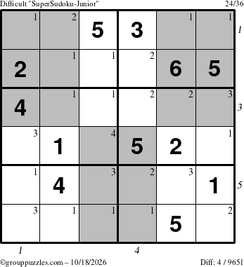 The grouppuzzles.com Difficult SuperSudoku-Junior puzzle for Sunday October 18, 2026, suitable for printing, with all 4 steps marked