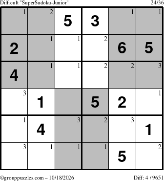 The grouppuzzles.com Difficult SuperSudoku-Junior puzzle for Sunday October 18, 2026 with the first 3 steps marked