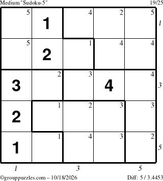 The grouppuzzles.com Medium Sudoku-5 puzzle for Sunday October 18, 2026 with all 5 steps marked