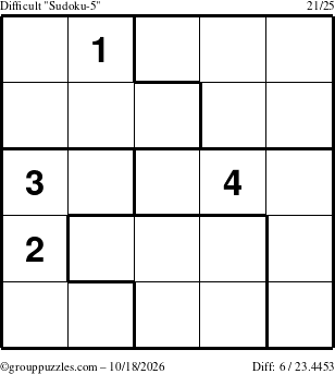 The grouppuzzles.com Difficult Sudoku-5 puzzle for Sunday October 18, 2026