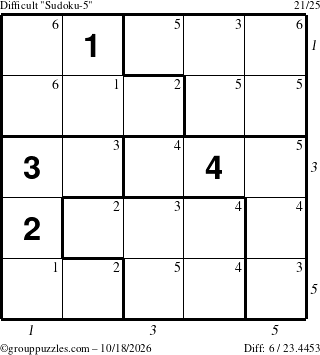 The grouppuzzles.com Difficult Sudoku-5 puzzle for Sunday October 18, 2026 with all 6 steps marked