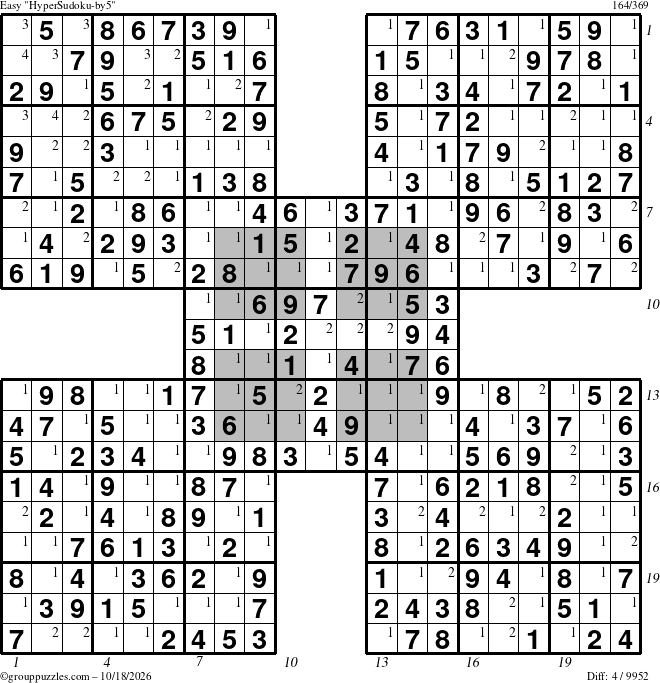 The grouppuzzles.com Easy HyperSudoku-by5 puzzle for Sunday October 18, 2026 with all 4 steps marked