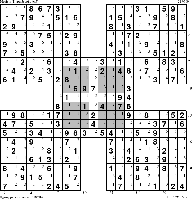 The grouppuzzles.com Medium HyperSudoku-by5 puzzle for Sunday October 18, 2026, suitable for printing, with all 7 steps marked
