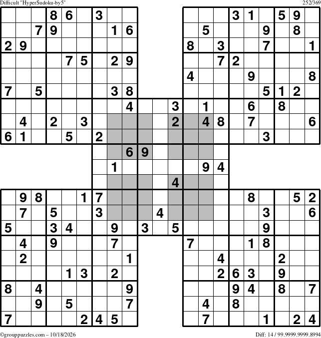 The grouppuzzles.com Difficult HyperSudoku-by5 puzzle for Sunday October 18, 2026