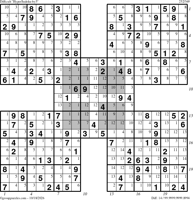 The grouppuzzles.com Difficult HyperSudoku-by5 puzzle for Sunday October 18, 2026, suitable for printing, with all 14 steps marked