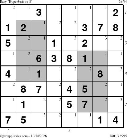 The grouppuzzles.com Easy HyperSudoku-8 puzzle for Sunday October 18, 2026 with all 3 steps marked