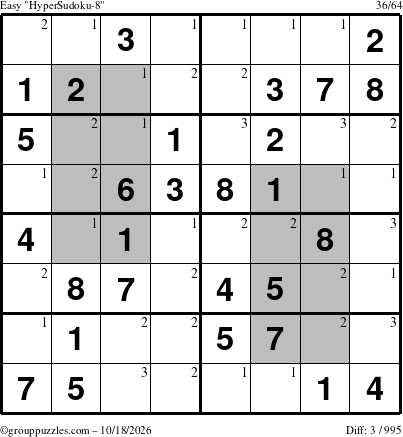 The grouppuzzles.com Easy HyperSudoku-8 puzzle for Sunday October 18, 2026 with the first 3 steps marked