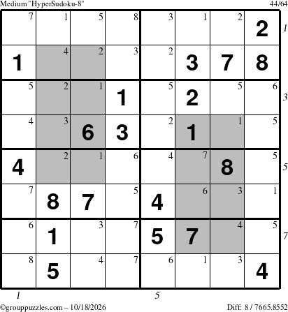 The grouppuzzles.com Medium HyperSudoku-8 puzzle for Sunday October 18, 2026 with all 8 steps marked