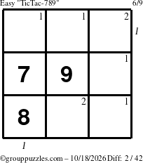 The grouppuzzles.com Easy TicTac-789 puzzle for Sunday October 18, 2026, suitable for printing, with all 2 steps marked