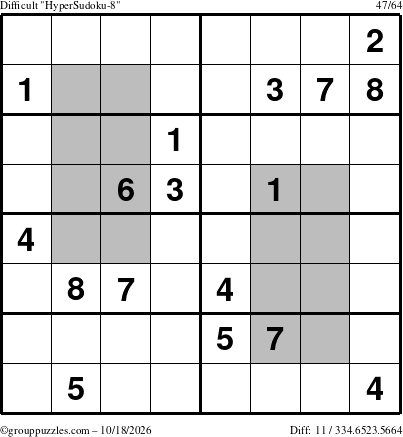 The grouppuzzles.com Difficult HyperSudoku-8 puzzle for Sunday October 18, 2026