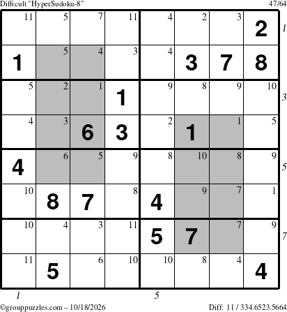 The grouppuzzles.com Difficult HyperSudoku-8 puzzle for Sunday October 18, 2026 with all 11 steps marked