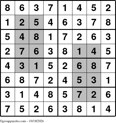 The grouppuzzles.com Answer grid for the HyperSudoku-8 puzzle for Sunday October 18, 2026