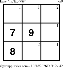 The grouppuzzles.com Easy TicTac-789 puzzle for Sunday October 18, 2026 with the first 2 steps marked