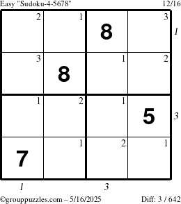 The grouppuzzles.com Easy Sudoku-4-5678 puzzle for Friday May 16, 2025, suitable for printing, with all 3 steps marked