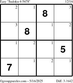The grouppuzzles.com Easy Sudoku-4-5678 puzzle for Friday May 16, 2025 with the first 3 steps marked