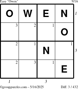 The grouppuzzles.com Easy Owen puzzle for Friday May 16, 2025 with all 3 steps marked