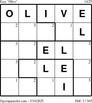 The grouppuzzles.com Easy Olive puzzle for Friday May 16, 2025 with the first 3 steps marked