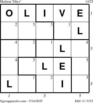 The grouppuzzles.com Medium Olive puzzle for Friday May 16, 2025 with all 4 steps marked