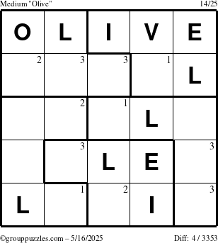 The grouppuzzles.com Medium Olive puzzle for Friday May 16, 2025 with the first 3 steps marked