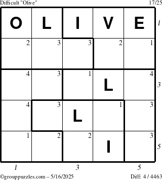 The grouppuzzles.com Difficult Olive puzzle for Friday May 16, 2025 with all 4 steps marked