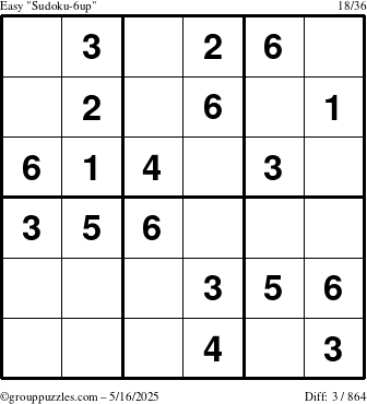 The grouppuzzles.com Easy Sudoku-6up puzzle for Friday May 16, 2025