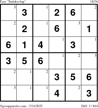 The grouppuzzles.com Easy Sudoku-6up puzzle for Friday May 16, 2025 with the first 3 steps marked