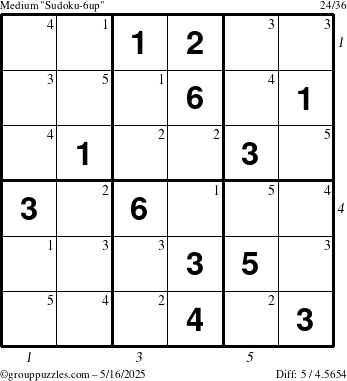 The grouppuzzles.com Medium Sudoku-6up puzzle for Friday May 16, 2025 with all 5 steps marked