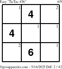 The grouppuzzles.com Easy TicTac-456 puzzle for Friday May 16, 2025 with the first 2 steps marked