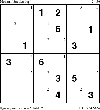 The grouppuzzles.com Medium Sudoku-6up puzzle for Friday May 16, 2025 with the first 3 steps marked