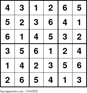 The grouppuzzles.com Answer grid for the Sudoku-6up puzzle for Friday May 16, 2025