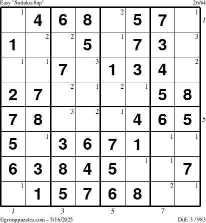 The grouppuzzles.com Easy Sudoku-8up puzzle for Friday May 16, 2025 with all 3 steps marked
