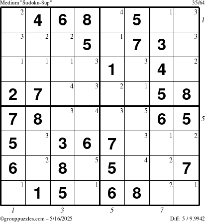 The grouppuzzles.com Medium Sudoku-8up puzzle for Friday May 16, 2025 with all 5 steps marked