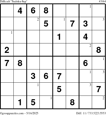 The grouppuzzles.com Difficult Sudoku-8up puzzle for Friday May 16, 2025 with the first 3 steps marked