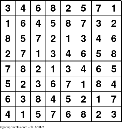 The grouppuzzles.com Answer grid for the Sudoku-8up puzzle for Friday May 16, 2025