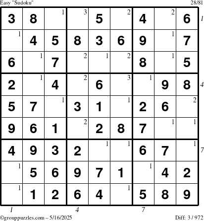The grouppuzzles.com Easy Sudoku puzzle for Friday May 16, 2025, suitable for printing, with all 3 steps marked