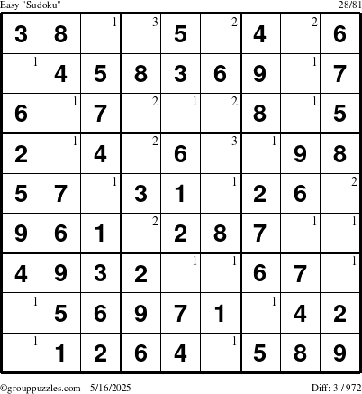 The grouppuzzles.com Easy Sudoku puzzle for Friday May 16, 2025 with the first 3 steps marked
