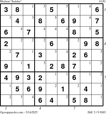 The grouppuzzles.com Medium Sudoku puzzle for Friday May 16, 2025, suitable for printing, with all 5 steps marked