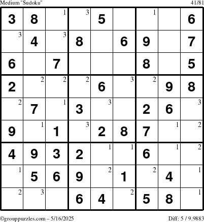 The grouppuzzles.com Medium Sudoku puzzle for Friday May 16, 2025 with the first 3 steps marked