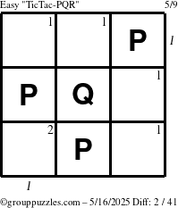 The grouppuzzles.com Easy TicTac-PQR puzzle for Friday May 16, 2025 with all 2 steps marked