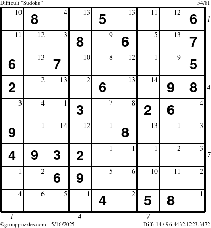 The grouppuzzles.com Difficult Sudoku puzzle for Friday May 16, 2025, suitable for printing, with all 14 steps marked