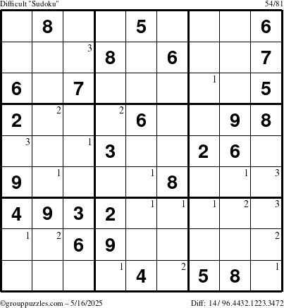 The grouppuzzles.com Difficult Sudoku puzzle for Friday May 16, 2025 with the first 3 steps marked