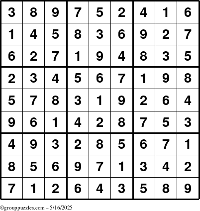 The grouppuzzles.com Answer grid for the Sudoku puzzle for Friday May 16, 2025