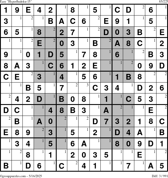 The grouppuzzles.com Easy HyperSudoku-15 puzzle for Friday May 16, 2025 with the first 3 steps marked